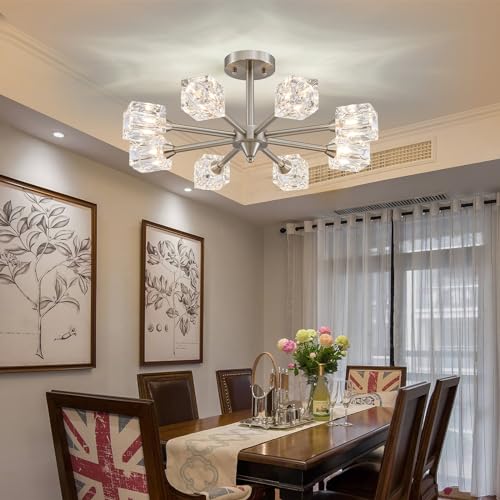 XINGQI Gold Chandelier Sputnik 8-Light Modern Farmhouse Glass Light Fixtures Rectangle Linear Chandelier for Dining Room Living Room Bedroom Kitchen Island