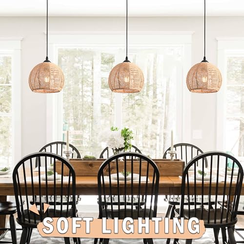 Mini Hemp Rope Woven Pendant Light Woven Light Fixture Boho Chandelier Light Fixture Wicker Pendant Light Rattan Light Pendant Dome Wicker Chandelier for Bedroom Kitchen Island(Bulb Incl.)