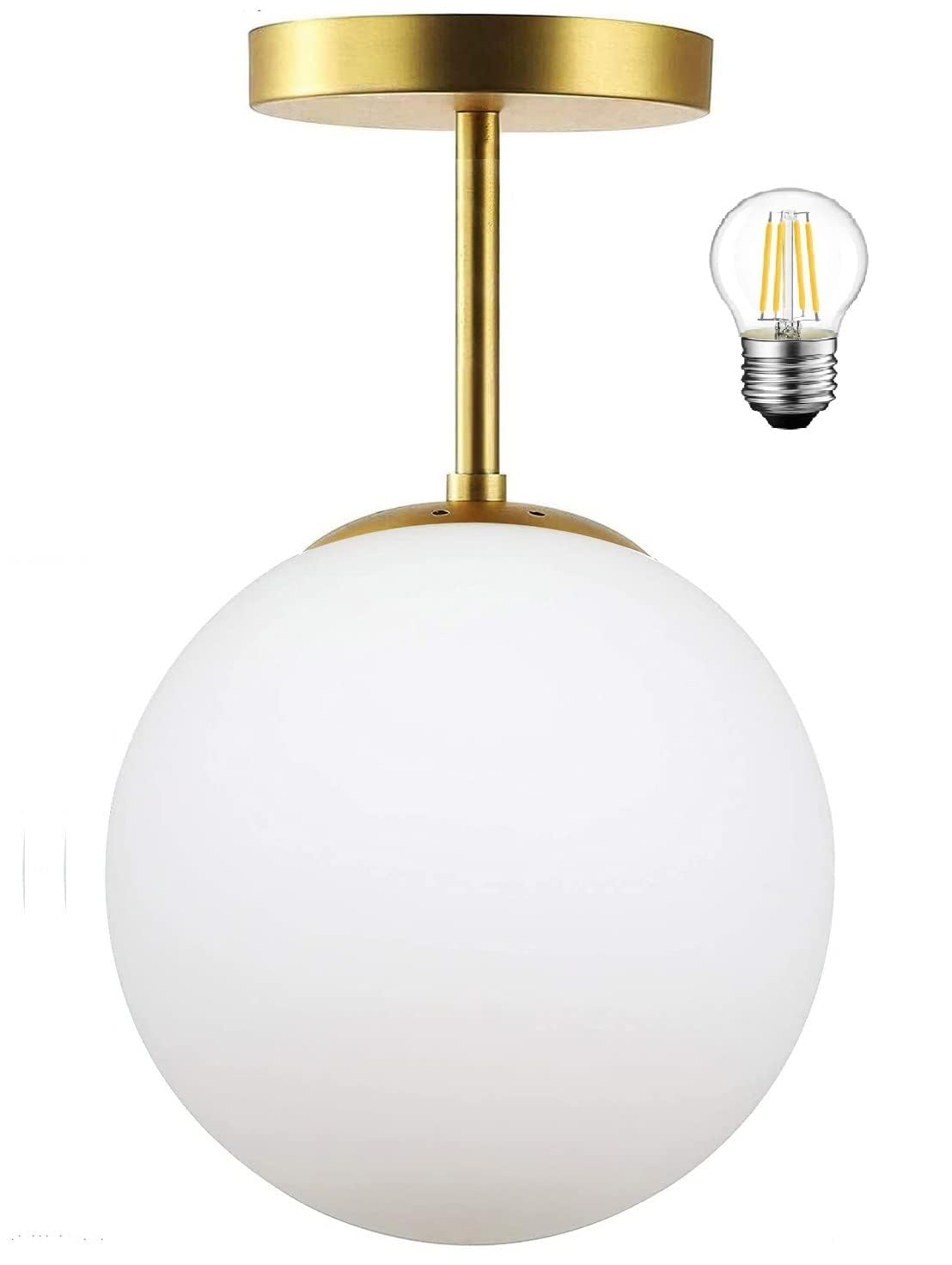 KoKo&Yukina 3-Light Semi Flush Mount Ceiling Light Globe Ceiling Light Mid Century Ceiling Light with Opal Milk Glass Globe & Brushed Brass for Bedroom Hallway Entryway Kitchen Living Room-Bulb Incl