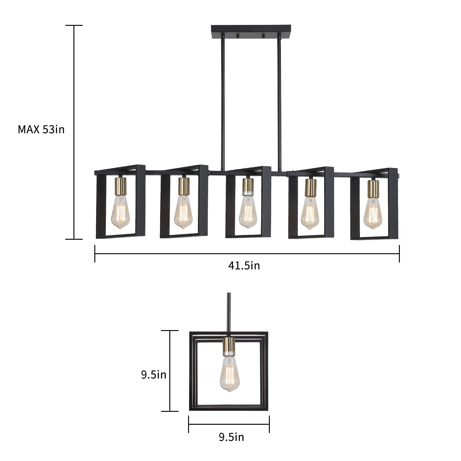 9MMML 3 Lights Kitchen Island Lighting, Modern Rectangle Linear Pendant Light, Black Frame+ Gold Socket Chandelier for Dining &Living Room Foyer Entryway Hallway,E26,Height Adjustable.