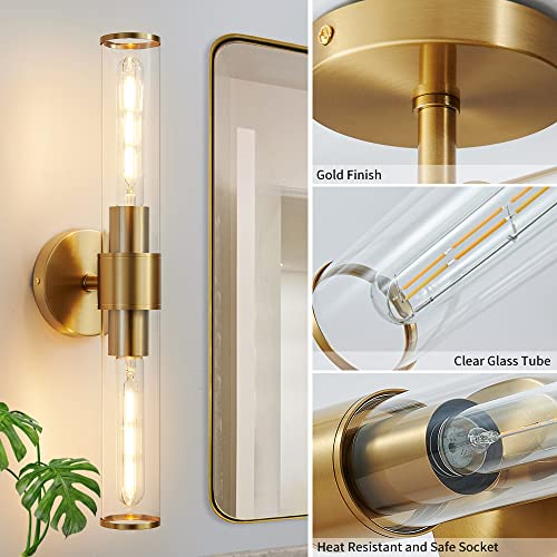 Gold Wall Sconce, Bathroom Light Fixtures in Clear Glass Indoor Wall Sconces, Modern Sconce Wall Lighting Up and Down Vanity Lights Fixtures for Bathroom,Living Room,Hallway, Kitchen