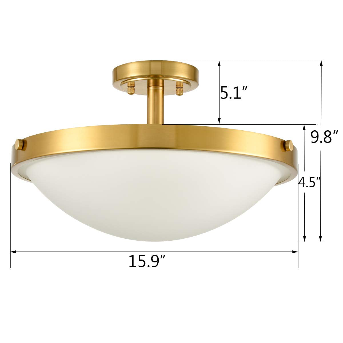 16-Inch Gold Semi Flush Mount Ceiling Light Mid Century Modern 3-Light Milk Glass Ceiling Light Brass Flush Mount Light Fixtures for Bedroom Hallway Staircase