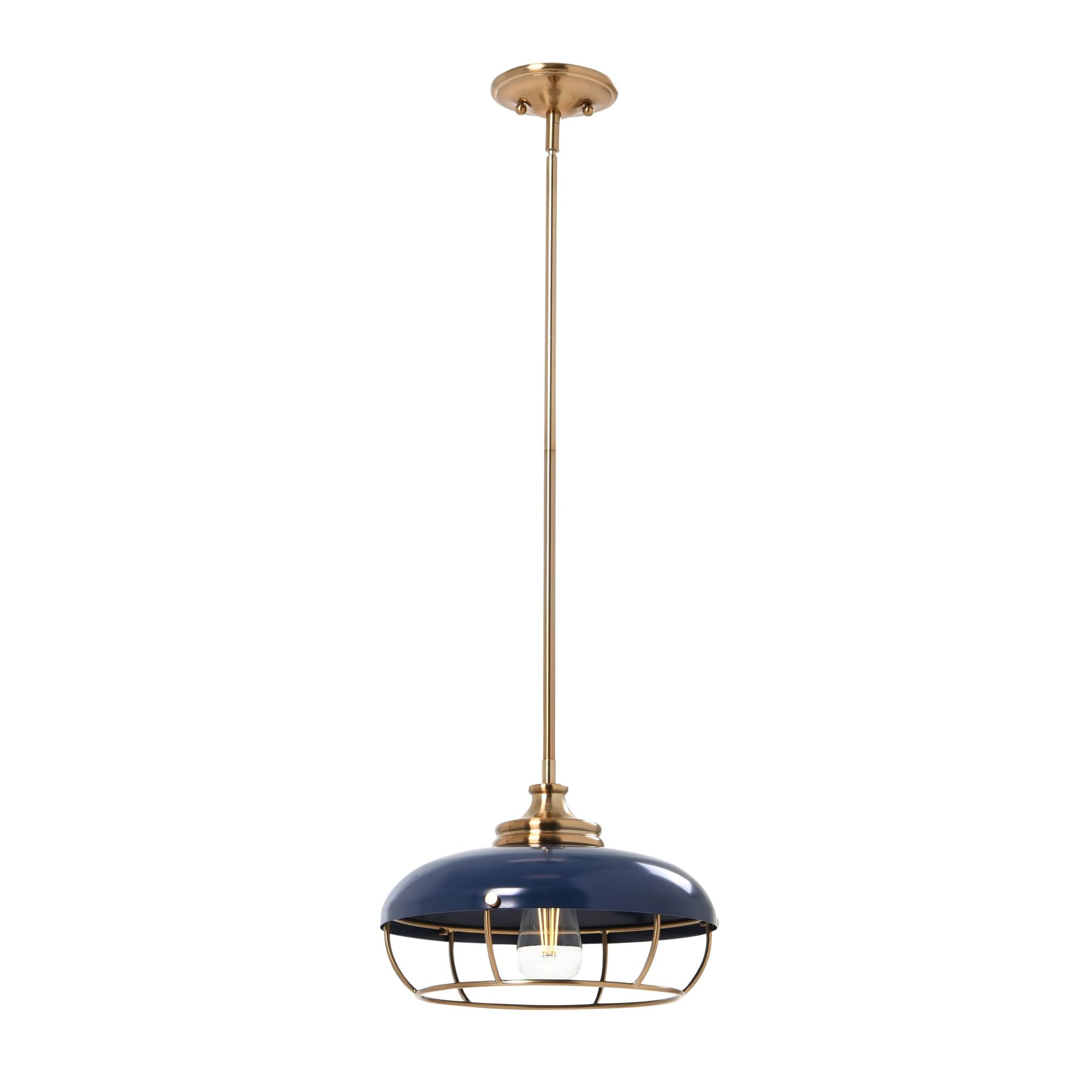 Caged Dome Metal Semi-Flush Mount Ceiling Light, Brushed Brass and Navy Blue