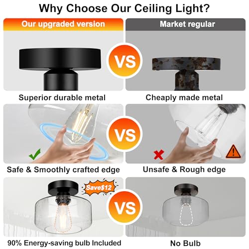 Industrial Semi Flush Mount Ceiling Light, 800 Lumen LED Bulb Included, Seeded Glass Shade Farmhouse Light Fixture for Hallway Corridor Kitchen Bathroom Bedroom Passway