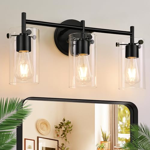 Bathroom Light Fixtures 2023 Upgrade, 3-Light Matte Black Bathroom Vanity Light, Black Bathroom Lights Over Mirror with Clear Glass Shade, Bathroom Wall Sconces for Mirror Bedroom Living Room Hallway