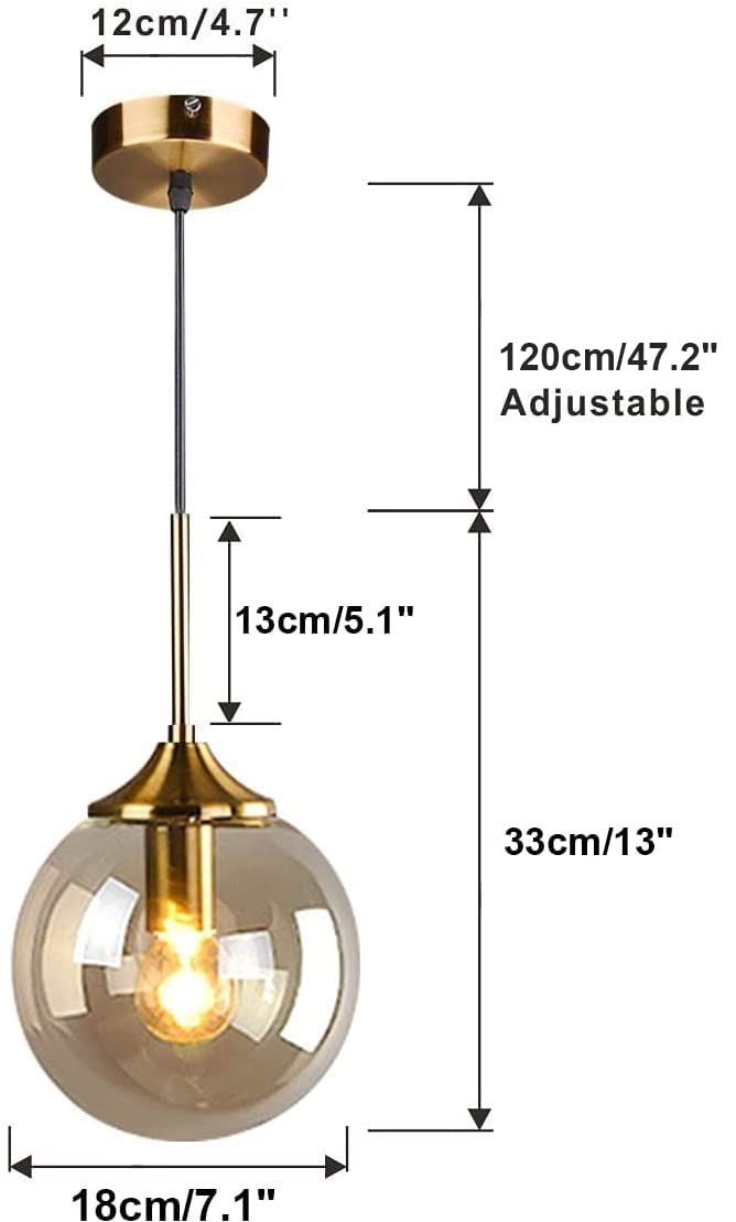 Lighting Mid Century Modern Pendant Chandelier 1-Light Gold Glass Globe Pendant Light Brushed Brass Pendant Light Large Kitchen Pendant Lighting Over Island (Amber)