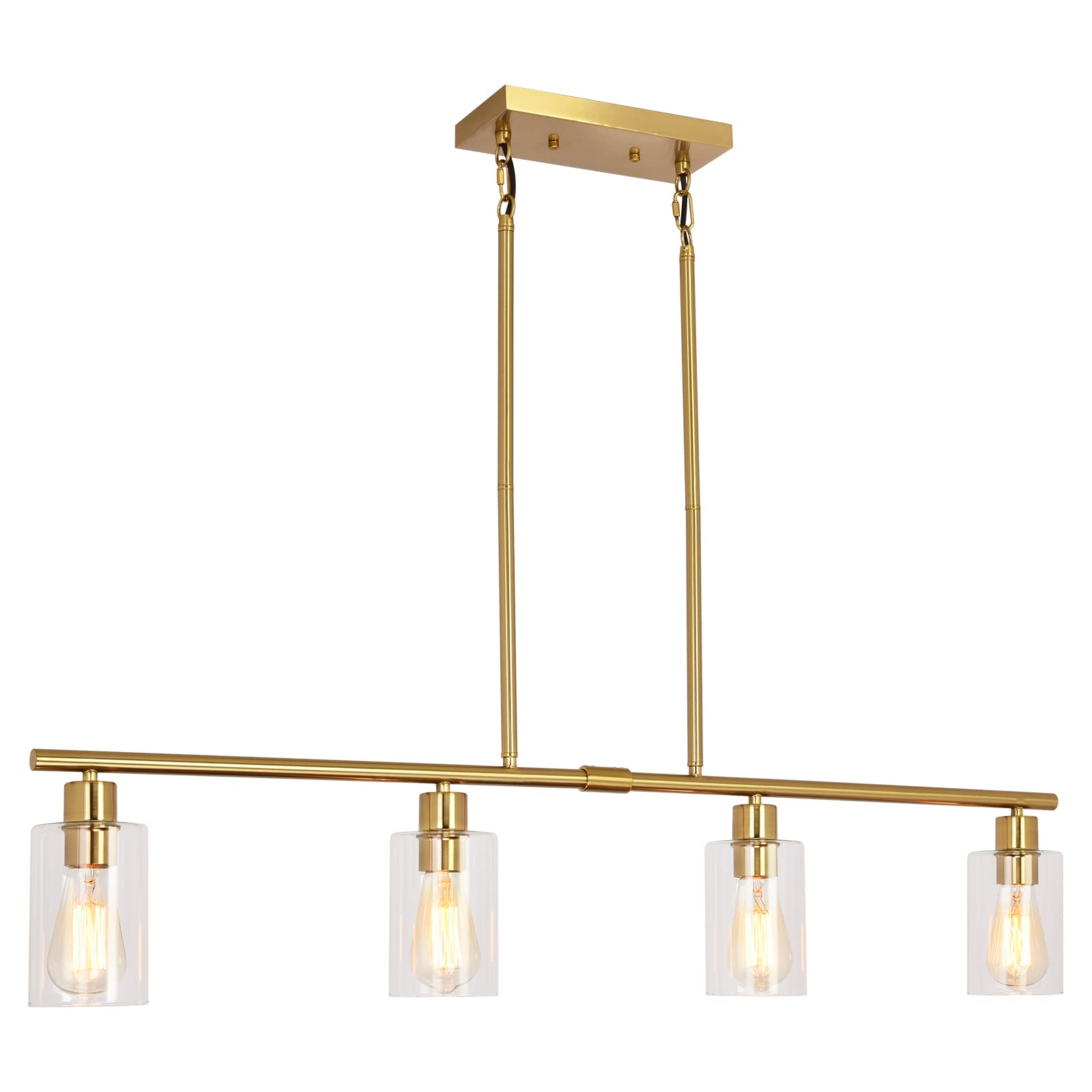 Modern Gold Kitchen Island Chandelier 4-Light Brushed Brass Farmhouse Pendant Light Industrial Kitchen Island Lighting Fixture with Glass Shades Hanging Lamp for Dining Living Room