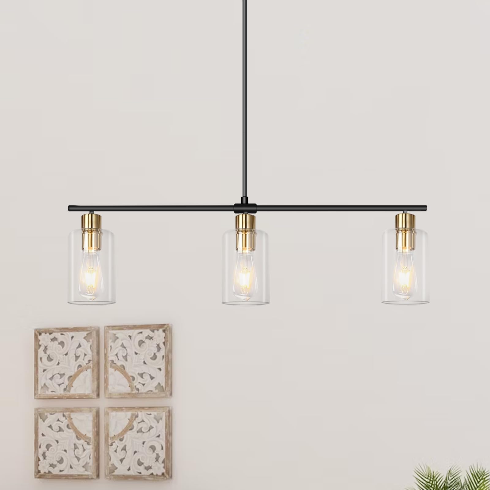 Kitchen Island Lighting, 3-Light Height Adjustable Farmhouse Chandeliers for Dining Room Light Fixture with Glass Shades, Kitchen Pendant Lighting Over Island, Black and Gold Chandelier