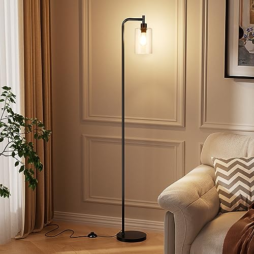 Industrial Floor Lamp with Glass Shade - Black, LED Bulbs, Foot Pedal Switch, Easy Assembly