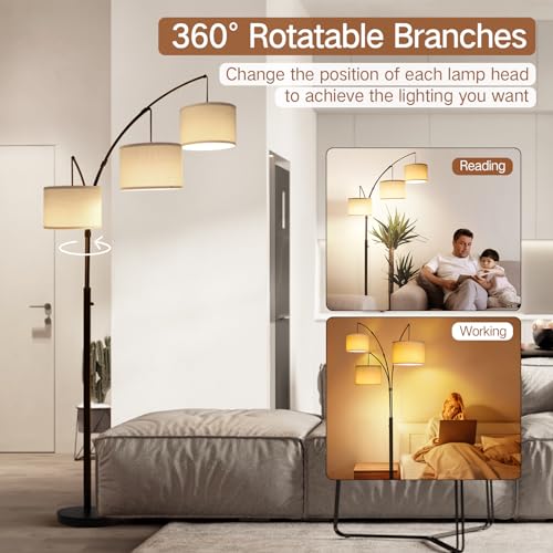 Arc Led Floor Lamp, Modern Black 3 Light Arched Tall Floor Lamp for Bedroom, 2400lm Mid Century Adjustable Standing Corner Lamps for Living Room Office, 3 LED Bulbs Included, Beige Lampshade