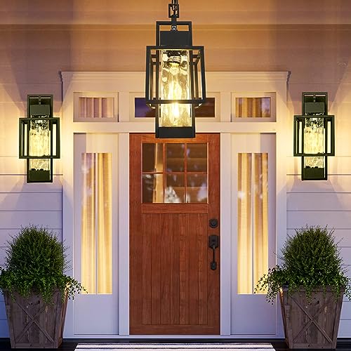 15" Dusk to Dawn Outdoor Pendant Light Exterior Hanging Lantern, Modern Black Metal Outside Chandelier Light Fixture Ceiling Mount with Water Glass for Front Porch Entrance Foyer Entryway