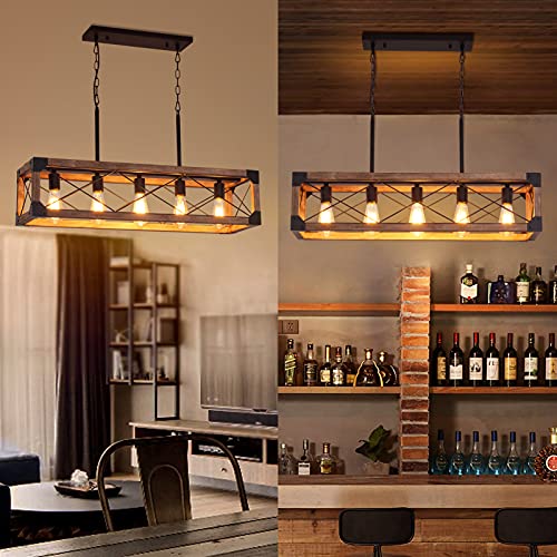 Airposta Kitchen Island Lighting, 33.5-Inch 5 Lights Farmhouse Linear Chandelier for Dining Room Pool Table Pendant Light Fixture, Rustic Wood Grain Finish, Industrial Pendant Light