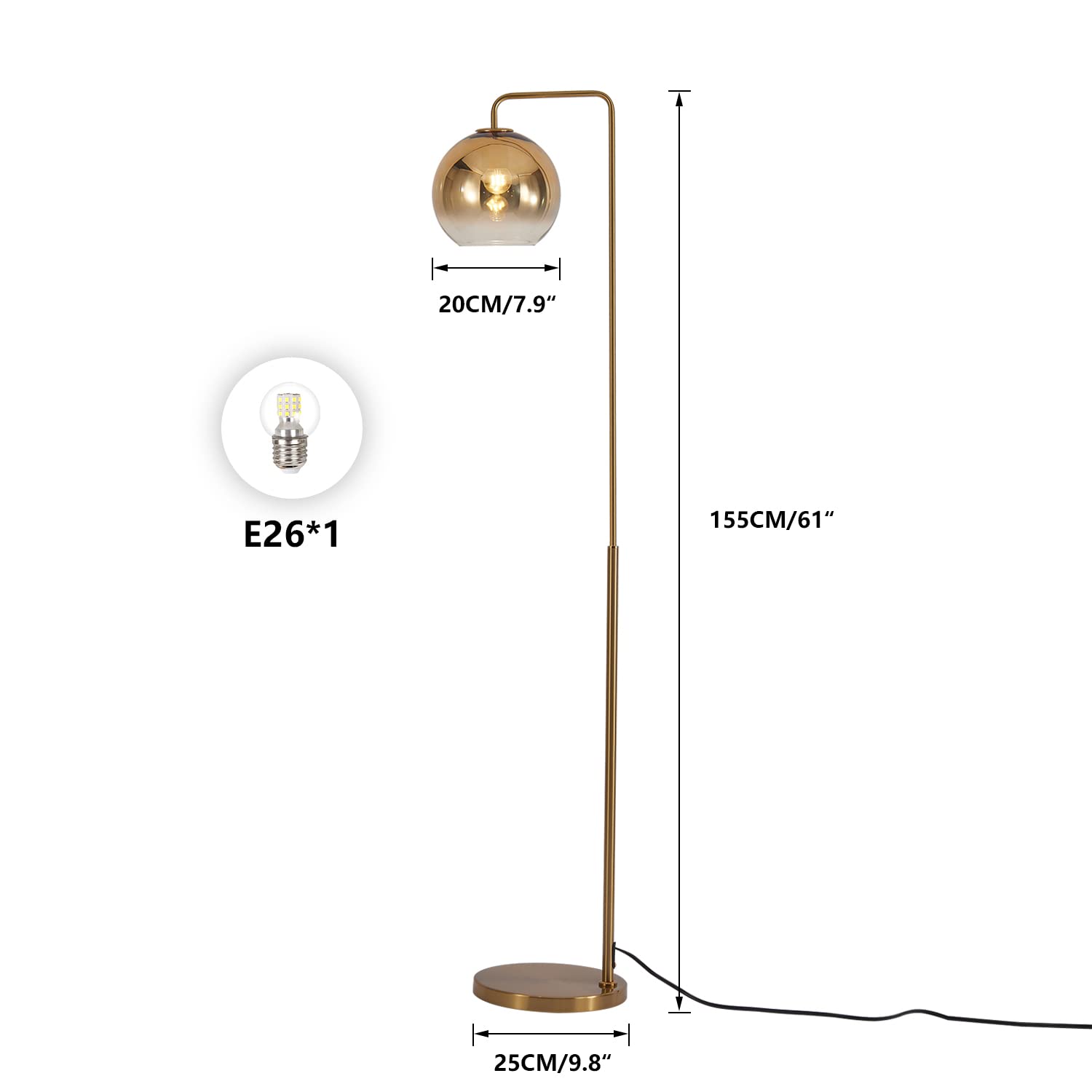 Lighting Contemporary Gradient Gold Floor Lamp Glass Globe LED Standing Light Mid Century Tall Pole Standing Accent Lighting for Office Living Room Bedroom (9.8”-Large)