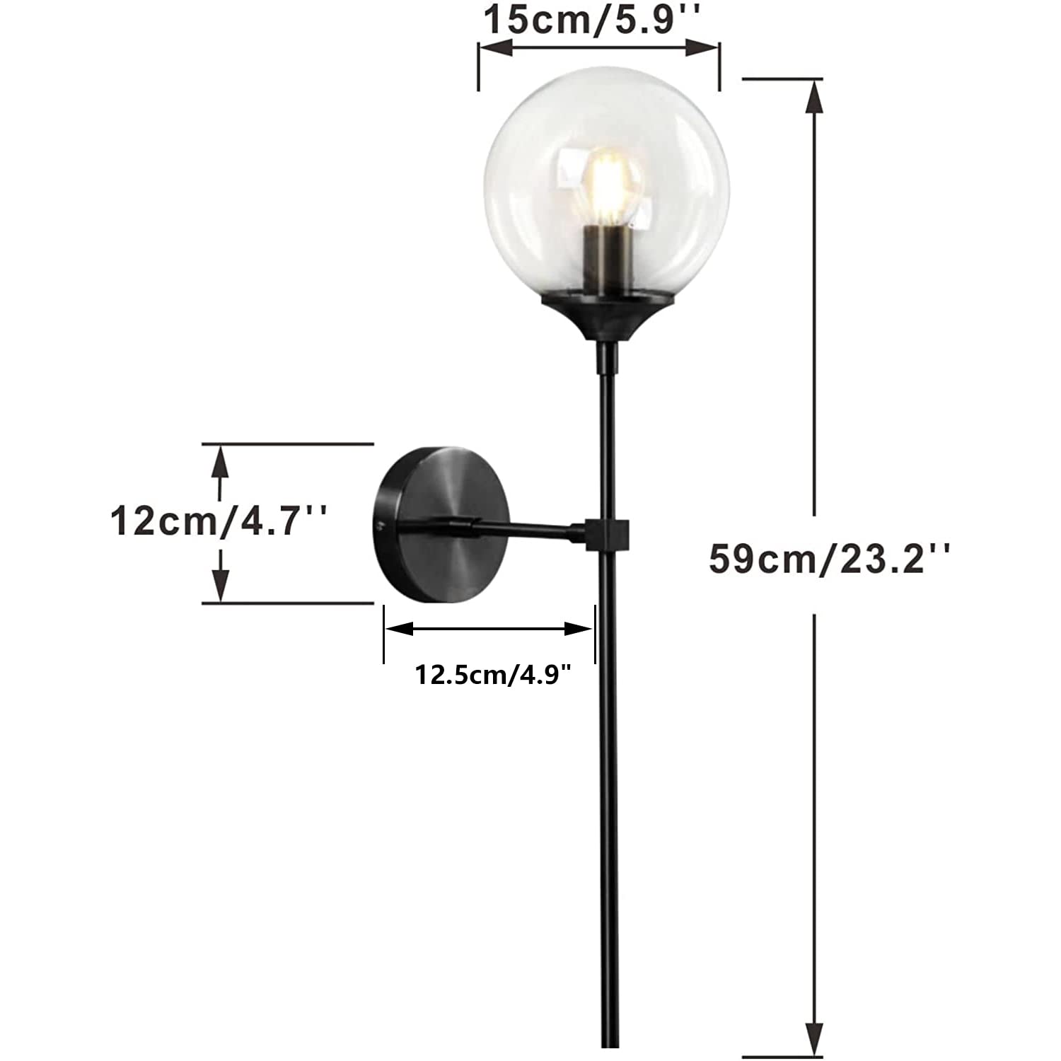 Lighting Modern Smoke Grey Glass Globe Black Matte Slim Wall Sconce Light with Long Arm Vintage Industrial Wall Sconce for Hallway, Stairs, Bathroom Mirror