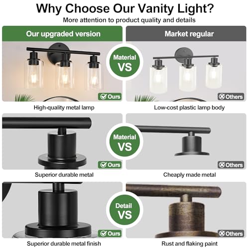 3-Light Bathroom Light Fixtures, Black Modern Vanity Lights with Clear Glass Shade, Bathroom Wall Lamp for Mirror Kitchen Living Room Hallway Cabinet Porch