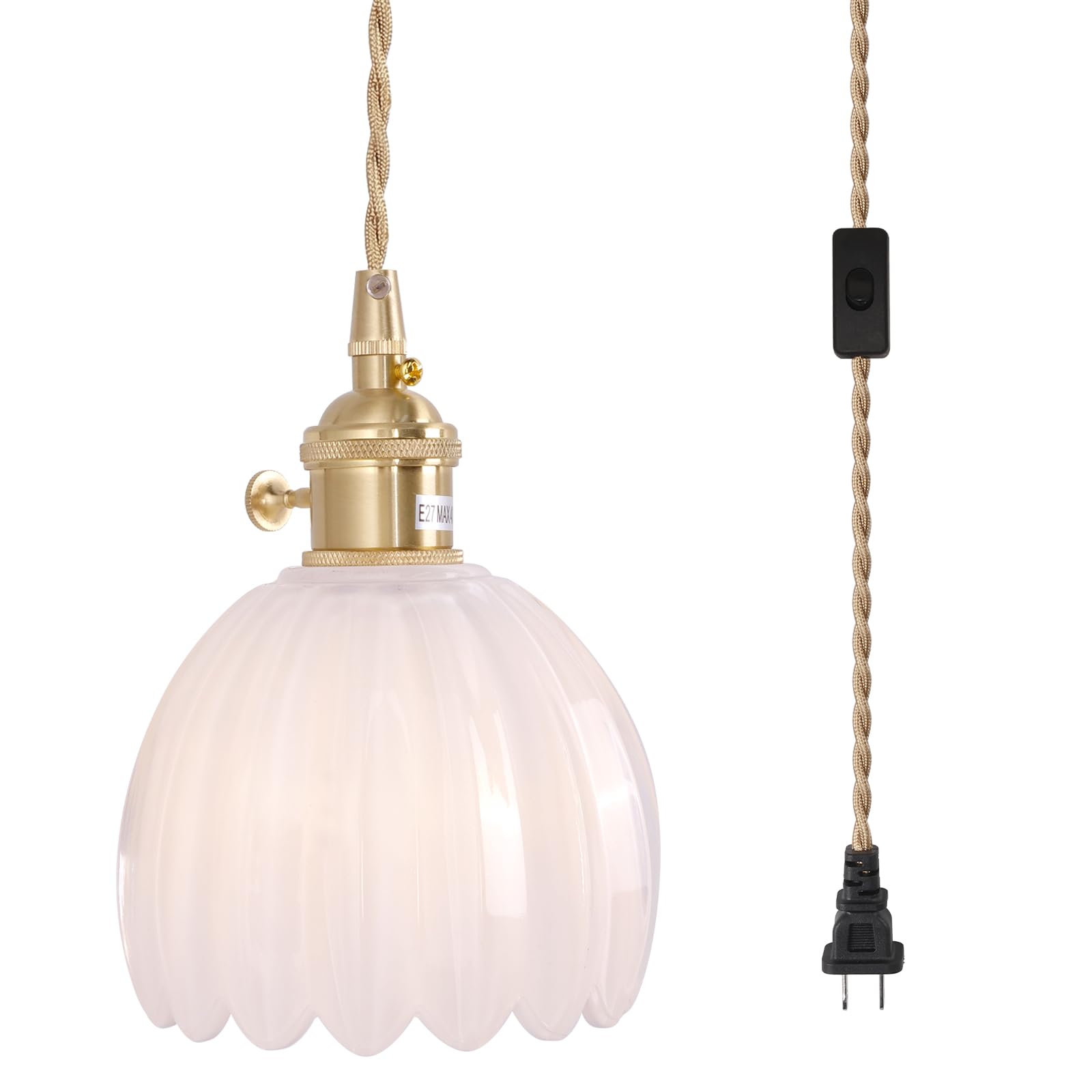 Pendant Light with White Pleated Ceramic Lmapshade, Brass Vintage Pendant Light Adjustable Hanging Light for Kitchen Island Dining Room Hallway 7.87 Inch Diam