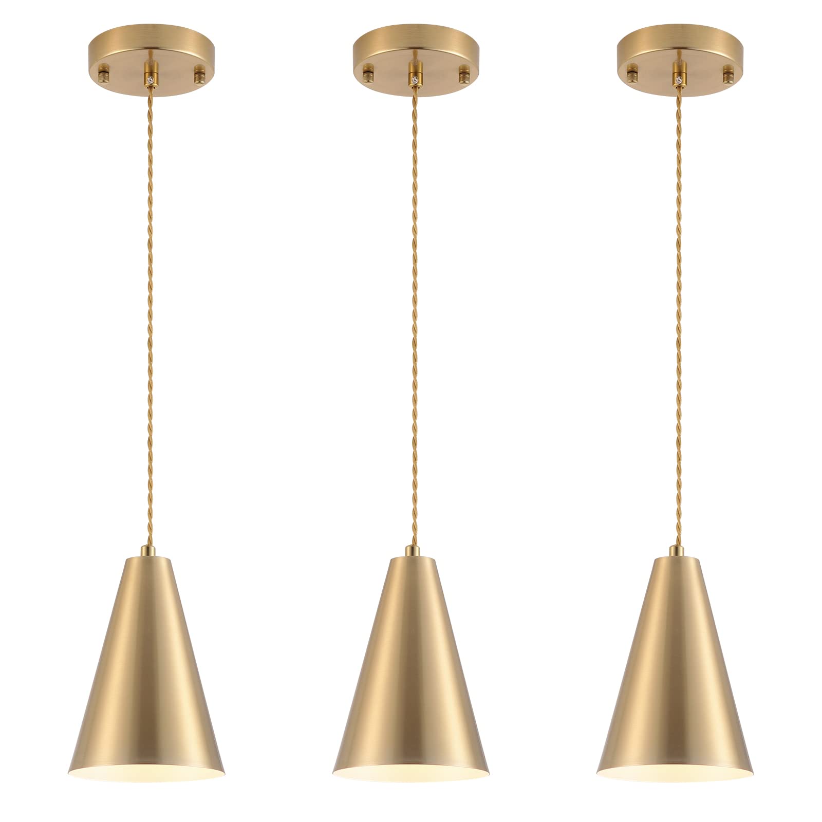 Gold Pendant Lights Kitchen Island,Dining Room Light Fixtures Over Table 3 Pack with Brushed Brass Cone Metal Shade, Modern Farmhouse Mini Chandeliers,Adjustable Cord Hanging Lighting for Bar,Sink