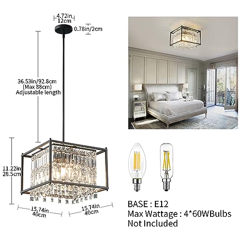 4-Light Dining Room Light Fixture 11.81 inch Square Lndustrial Farmhouse Chandelier Gold Metal Crystal Pendant Light for Kitchen Island Dining Room Living Room Flat and Inclined Ceiling