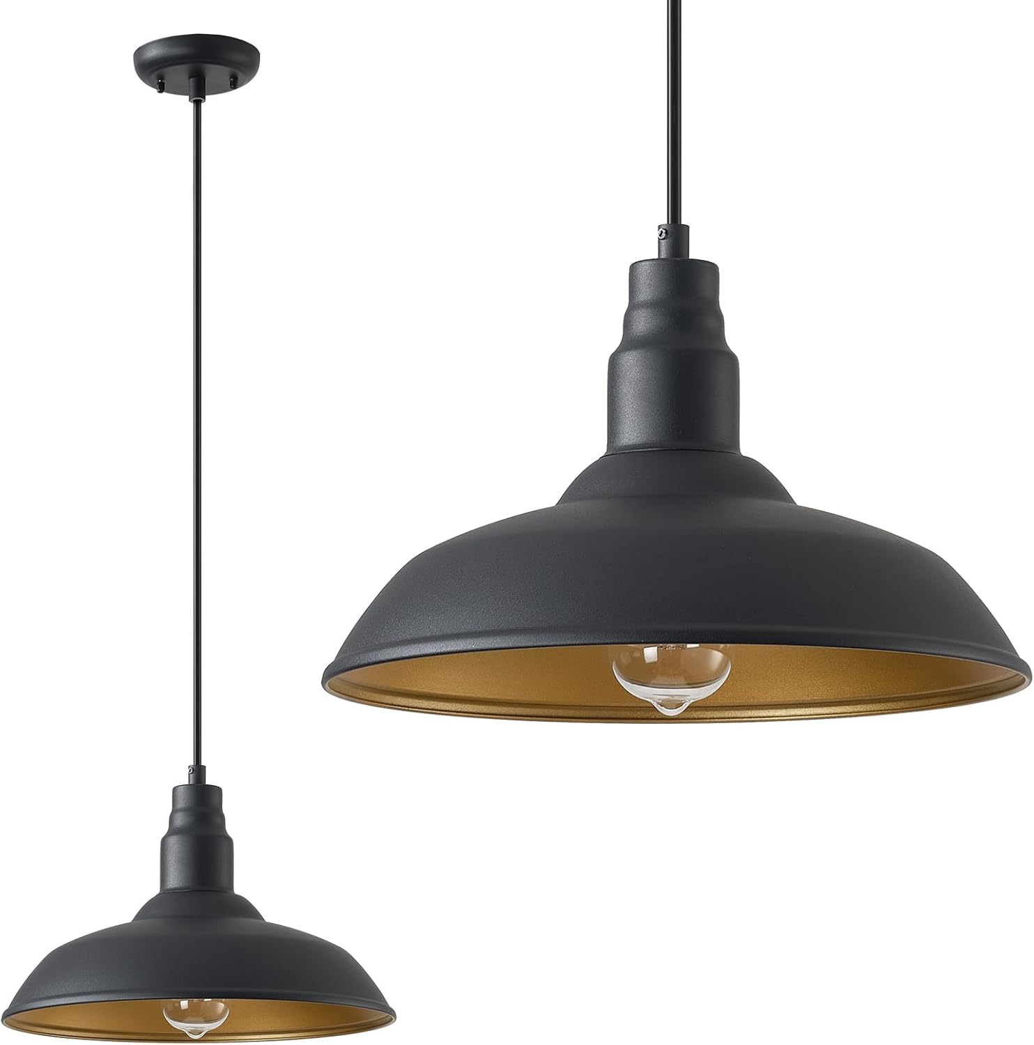 Farmhouse Pendant Light with 16 Inch Dome for Outdoor and Indoor Use, Barn Style Hanging Light for Kitchen Dining Room, Adjustable Height, Matte Black Exterior/Brass Interior