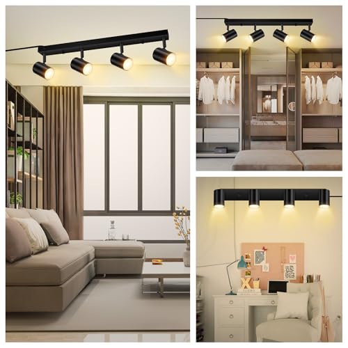 3 Light Track Lighting Kit,Black 3 Way Modern Plug in Ceiling Spotlight,Industrial LED Wall Light for Kitchen Cabinet Gallery Bar Hallway Living Room,Rocker Switch,15 Foot Cord(No Bulb)