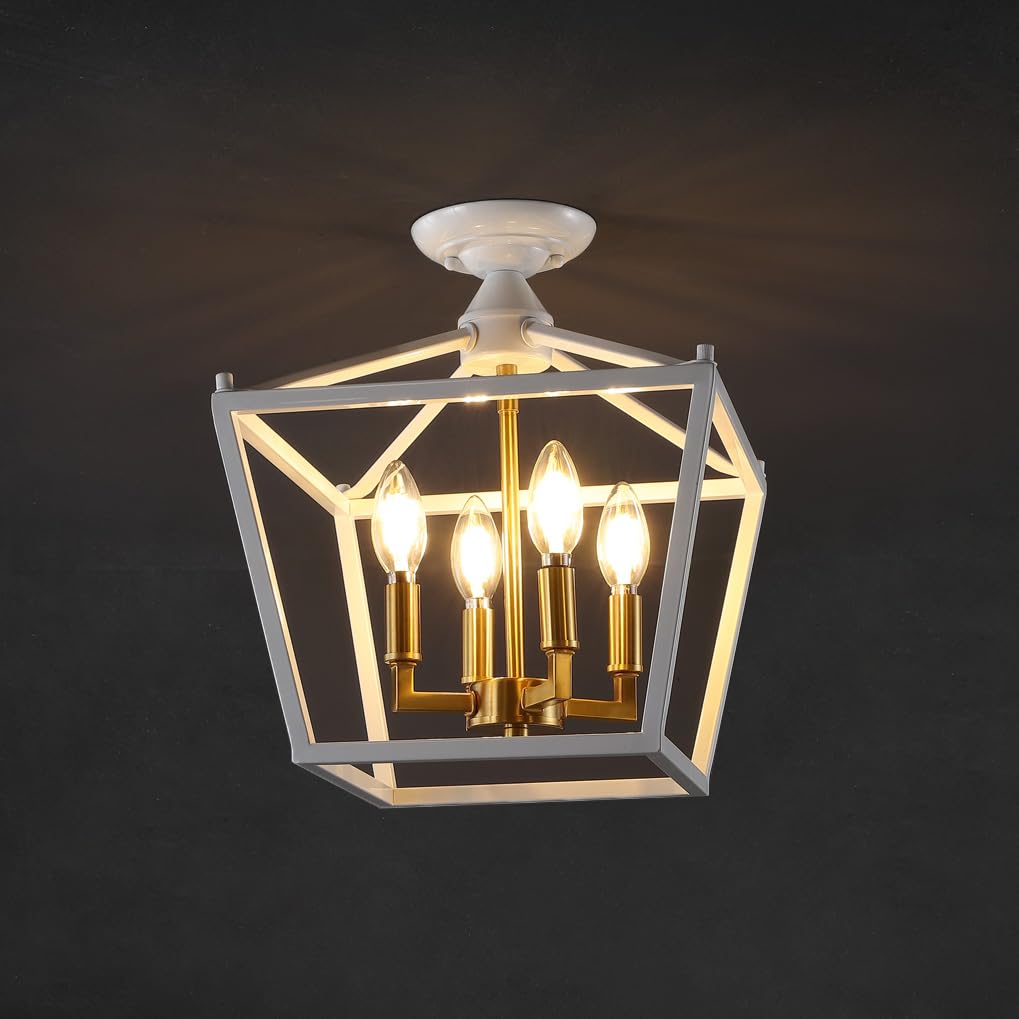 Mini Lantern 12" 4-Light Iron Modern Farmhouse LED Flush Mount, Rustic, Industrial, Dimmable, 2700K Cozy Warm Light Kitchen, Hallway, Bathroom, Stairwell, Brass Gold