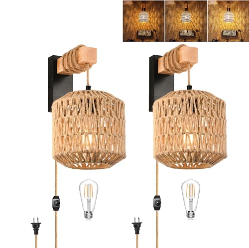 Rattan Wall Sconces Set of Two Plug in,Farmhouse Plug in Wall Sconces Hand Woven Bamboo Wall Light Fixtures with Switch,Rustic Black Wall Sconce Light Wall Lamp Plug in Sconces for Living Room Bedroom