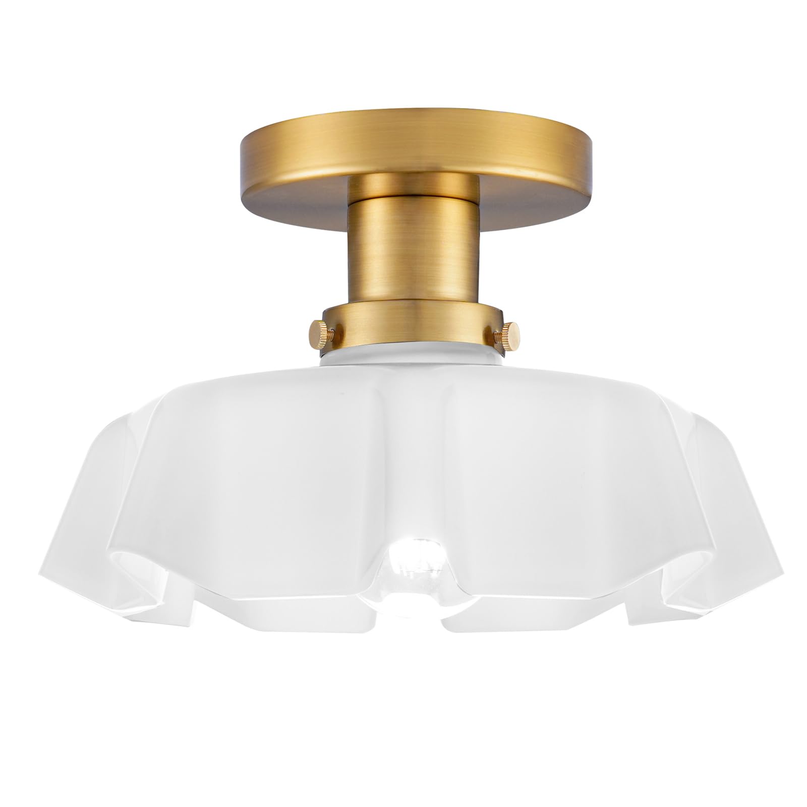 Vintage Semi Flush Mount Ceiling Light, White Ceiling Light Fixture, Brass Flower Shaped Flush Mount Ceiling Light, Close to Ceiling Light with Milk Glass, Porch Fixtures for Kitchen Entryway