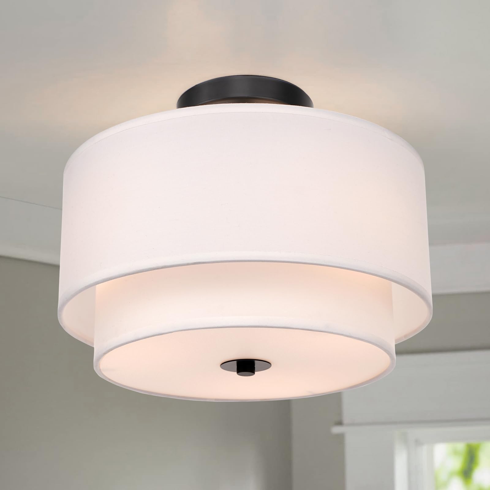 Modern Semi Flush Mount Ceiling Light - Easric Light Fixtures Ceiling Mount Hallway Light Fixtures Ceiling with Black 2-Layer Fabric Shade Drum Ceiling Lights for Bedroom,Dining Room,Kitchen,Foyer