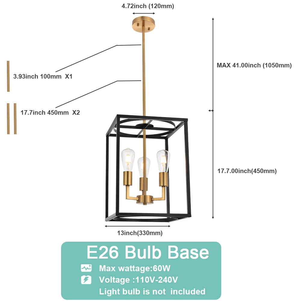 Modern 4 Light Farmhouse Chandelier Gold Linear Kitchen Island Pendant Light Traditional Rectangular Dining Room Lighting Fixture Hanging Metal Cage Pendant Lamp for Hallway Foyer