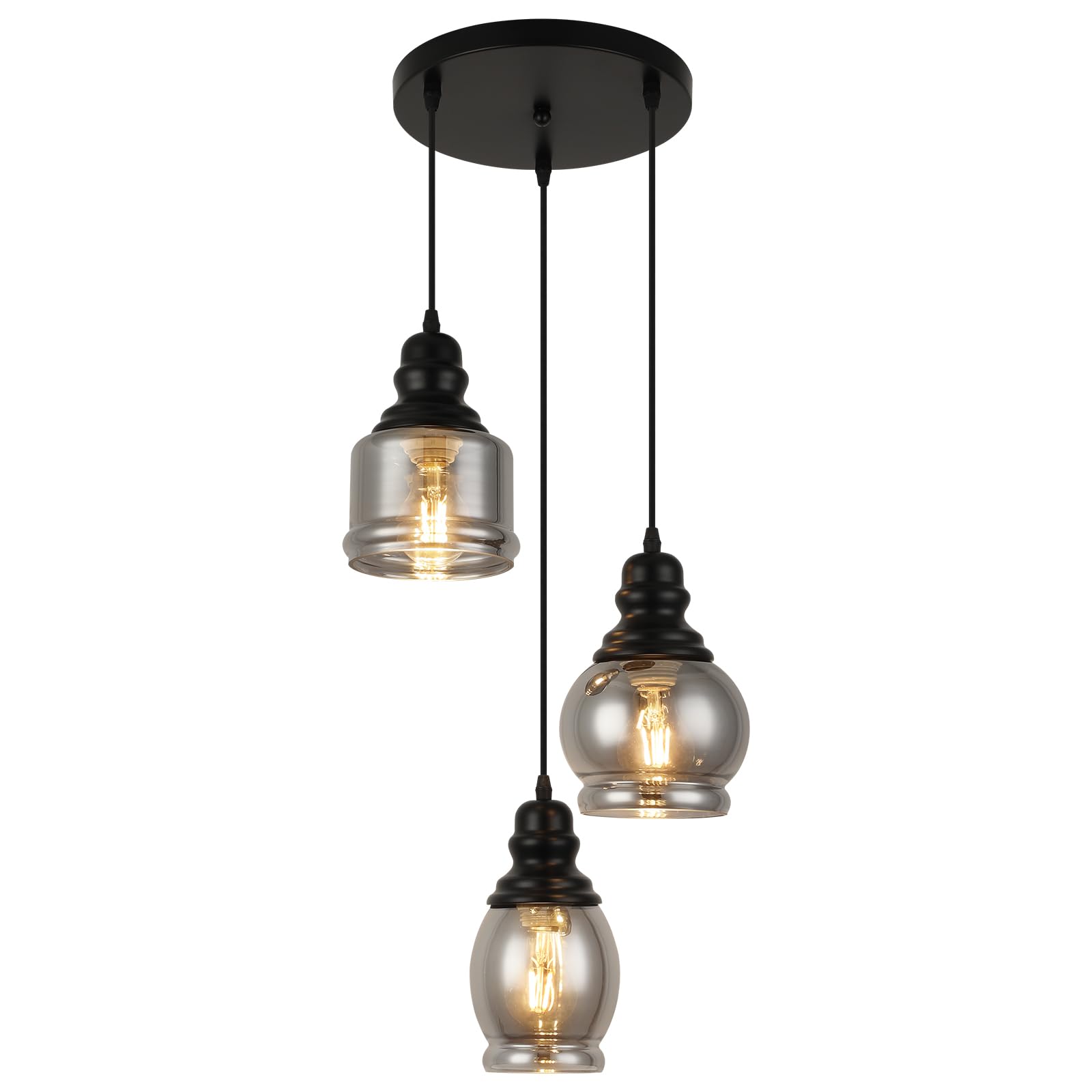 WILON Industrial Pendant Lighting, Pendant Lights for Kitchen Island 3 Light Glass Pendant Light Fixture with Seeded Glass Shade, Adjustable Cord Farmhouse Ceiling Light Black finish Linear Chandelier