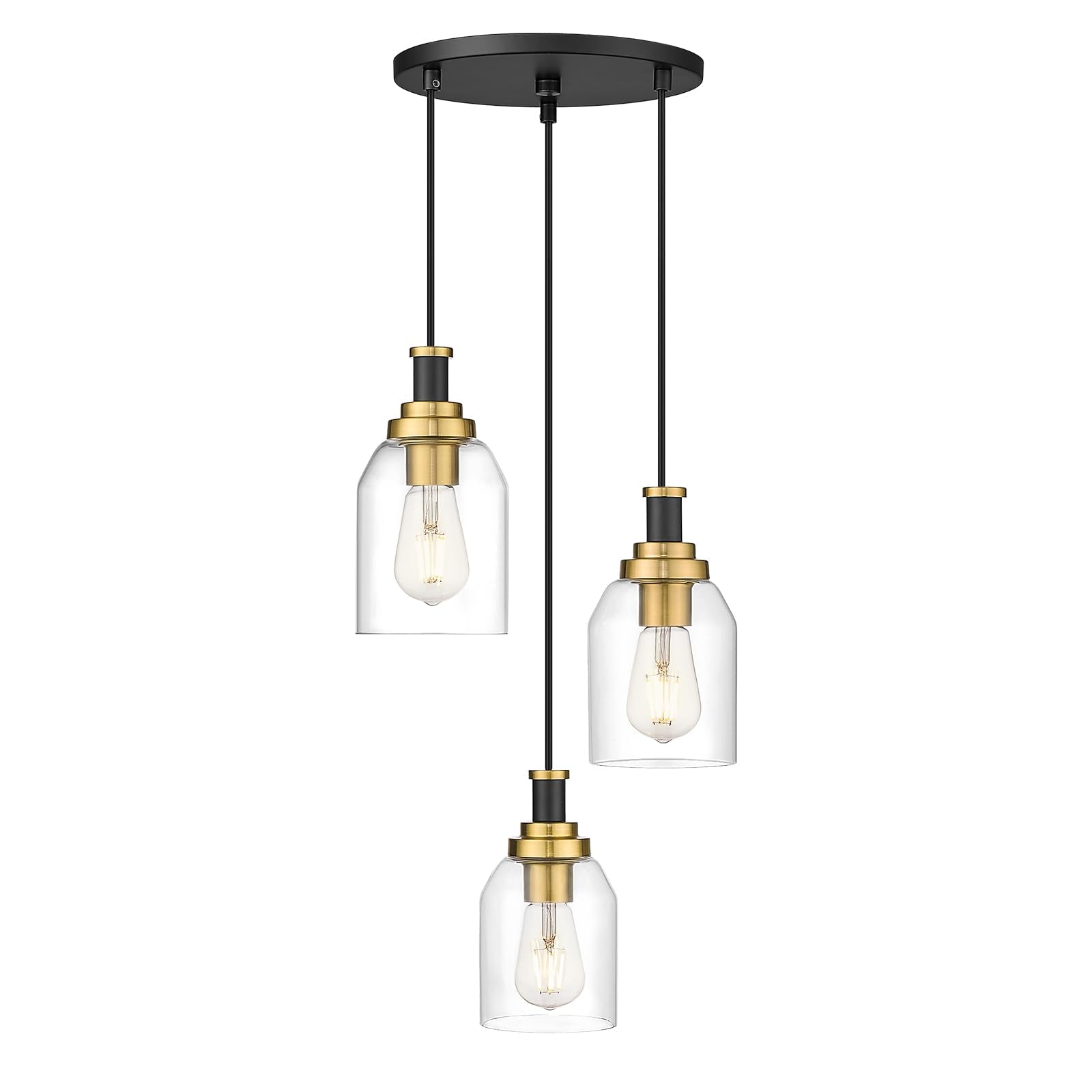 zeyu 3-Light Pendant Light Fixture, Modern Cluster Pendant Lighting, Hanging Light Fixture for Kitchen Island, Clear Glass Shade, Black and Gold Finish, ZG33-3 BK+BG