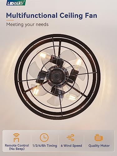 16.5 inch Black Caged Ceiling Fan with Light, Bladeless Industrial Ceiling Fan with Remote, Farmhouse Fan Lights Ceiling Fixtures for Kitchen, Bedroom, Outdoor（6 Speed, Timing）-Black