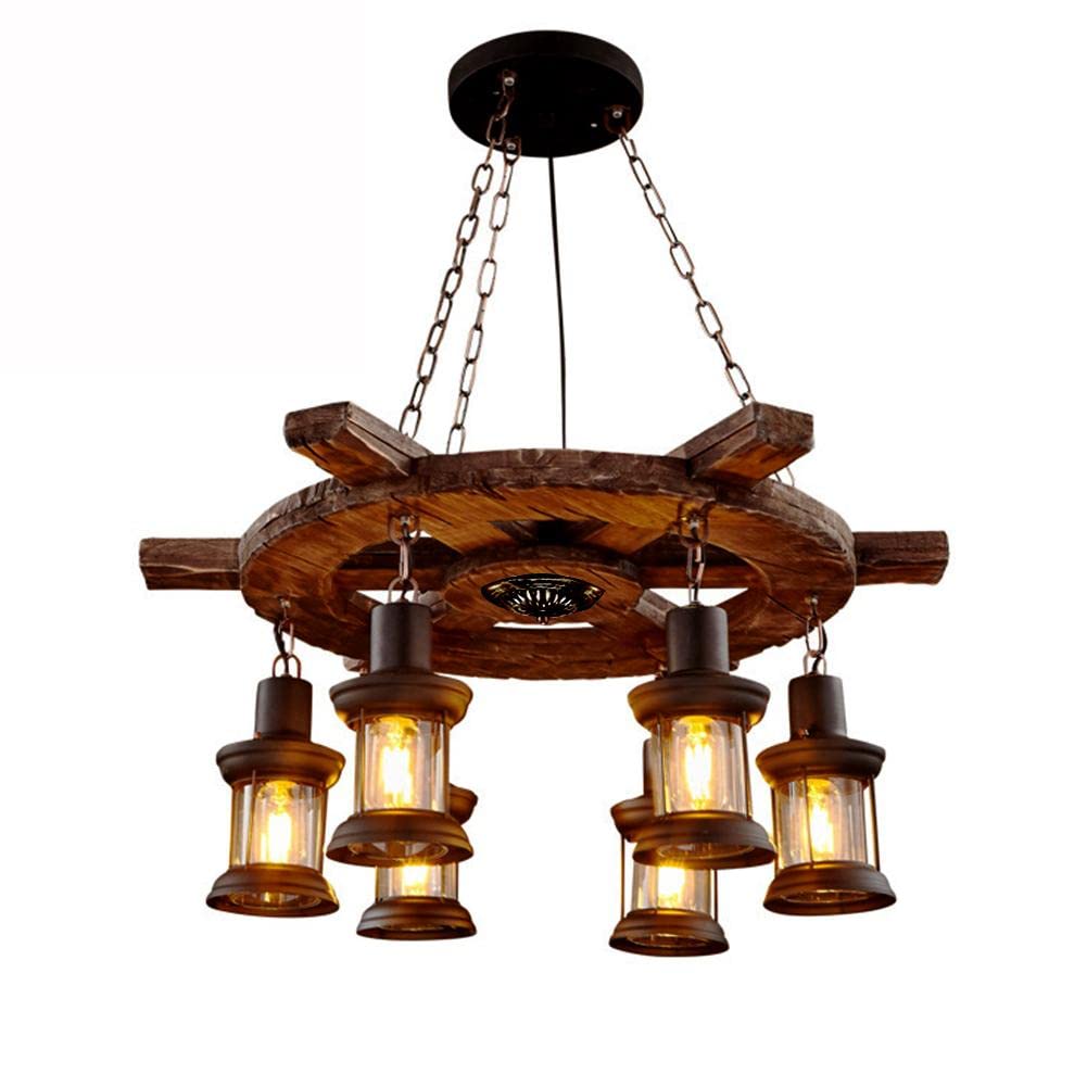 8 Lights Industrial Retro Wooden Chandelier Pendant Light Island Hanging Ceiling Fixture Vintage Farmhouse Wood Light Adjustable Chain for Home Cafe Bar Restaurant (39.4")