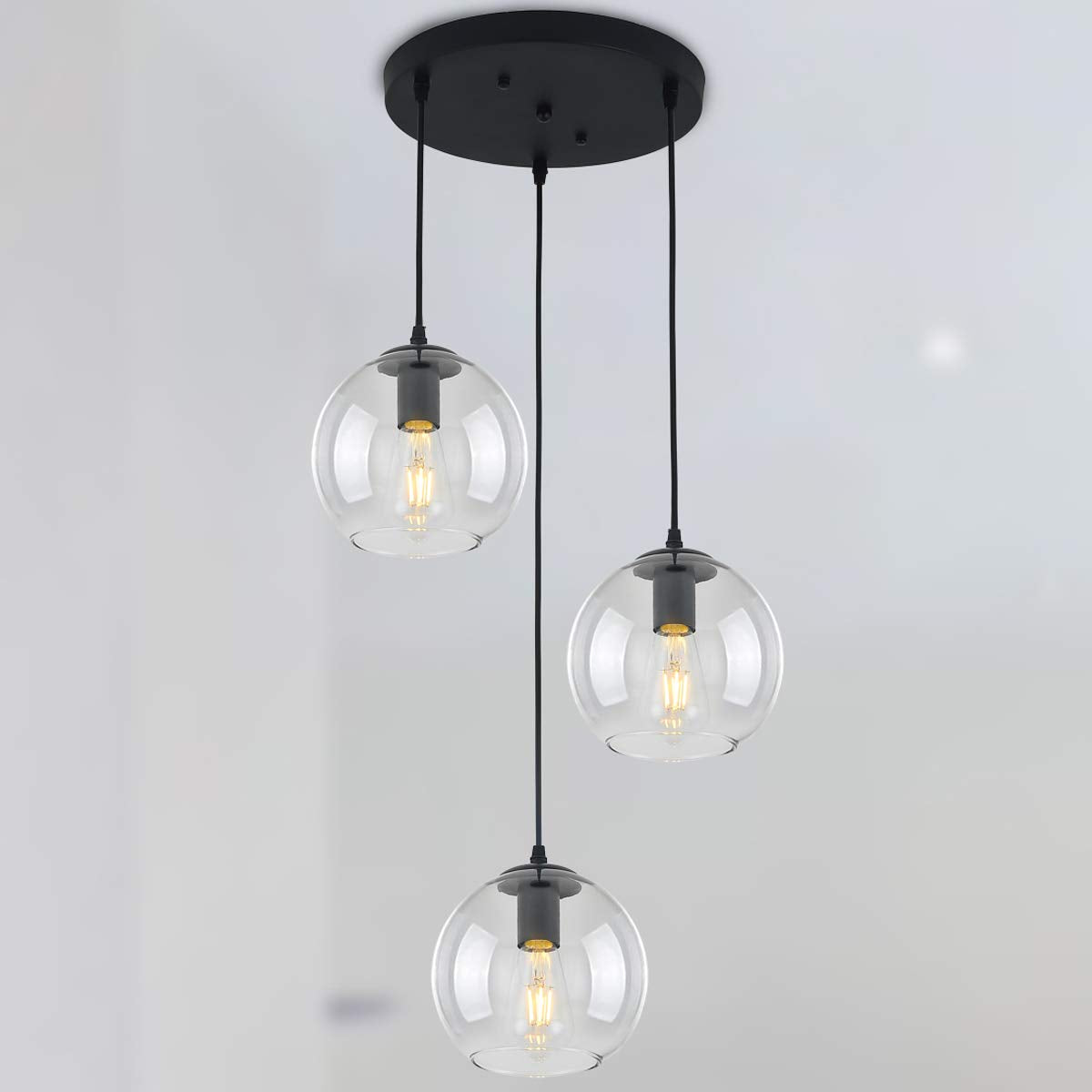 Globe Pendant Light, Modern Hanging Lighting Fixture, Classic Cluster Chandelier with Clear Glass Shades(Black, 3 Lights, 27.6 Inch)