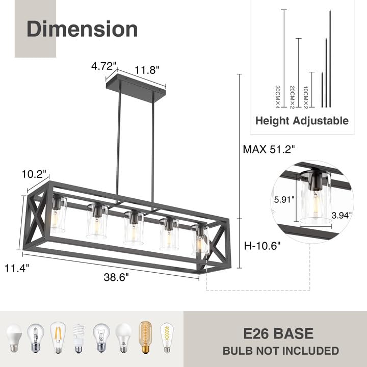 Farmhouse Chandelier Rectangle Black, 5 Light Kitchen Island Cage Linear Pendant Lights Industrial Ceiling Light with Glass Shade & Adjustable Rods, Dining Room Lighting Fixtures over Table