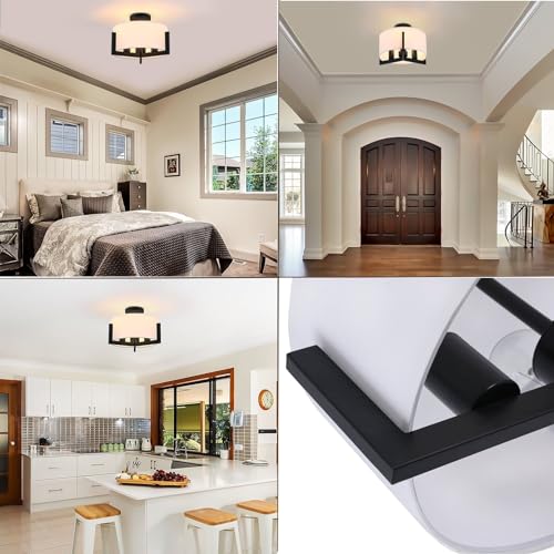 14inch Semi Flush Mount Ceiling Light: 3-Light Black Modern Light Fixtures Ceiling Mount with Drum Fabric Shade, Close to Ceiling Lighting for Bedroom, Kitchen, Entryway, Foyer(Bulb Exclude)