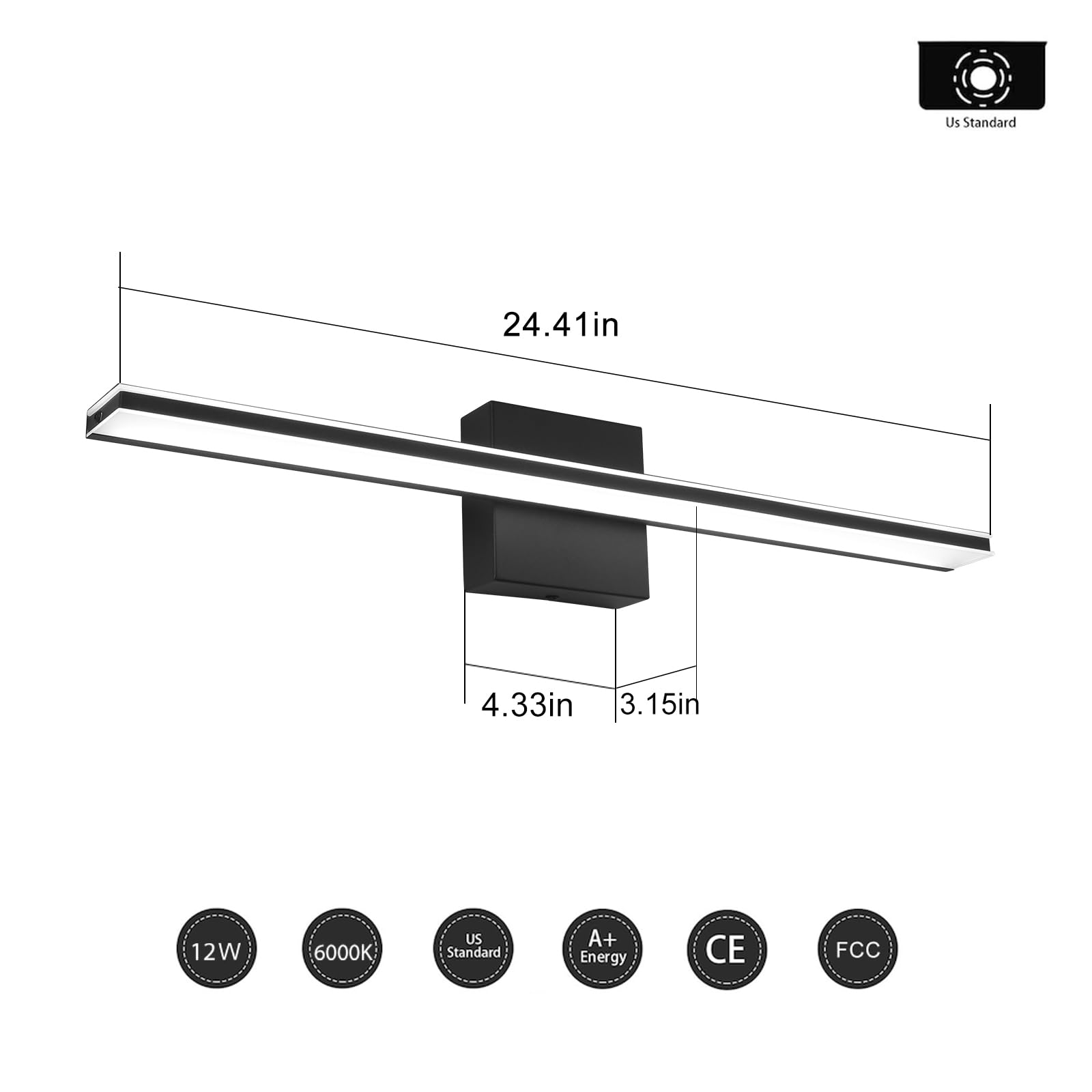 Bathroom Vanity Lights, 16 Inch 9W Bath Lamp Cool White 6000K Vanity Lighting Fixtures Black Modern Bathroom Bedroom Wall Lighting for Mirror