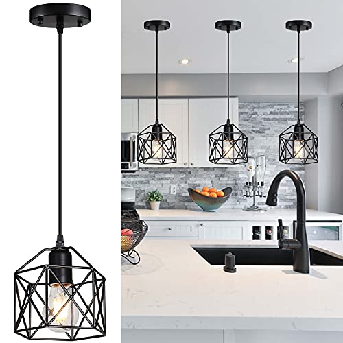 1-Light Vintage Hanging Light Pendant Light Fixture Farmhouse Basket Cage Hanging Ceiling Light with Metal Caged for Kitchen Island Dining Restaurant Room Hallway Hotel Bar…