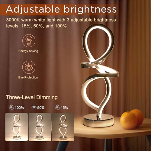 Modern Table Lamp, LED Spiral Lamp, Black Bedside Lamp with Stepless Dimming Switch, Contemporary Nightstand Lamp, LED Lamp for Bedroom Living Room Home Office, 12W, 3200K Warm White