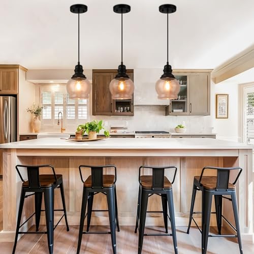 WILON Industrial Pendant Lighting, Pendant Lights for Kitchen Island 3 Light Glass Pendant Light Fixture with Seeded Glass Shade, Adjustable Cord Farmhouse Ceiling Light Black finish Linear Chandelier