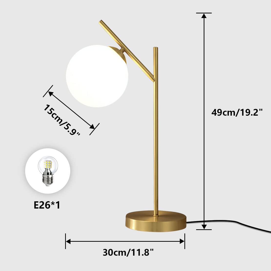 Globe Table Lamp 1 Light Brass Glass Globe Table Lamp Contemporary Metal Table Lamp Bedside Table lamp with Milky White Glass lampshade Bedroom Living Room Study Room(H19.2)