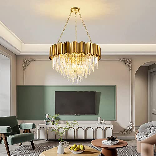 Modern K9 Crystal Pendant Lighting, Round Gold Crystal Chandelier Contemporary Luxury Pendant Ceiling Lighting Fixture for Dining Living Room Kitchen Island, Antique Gold