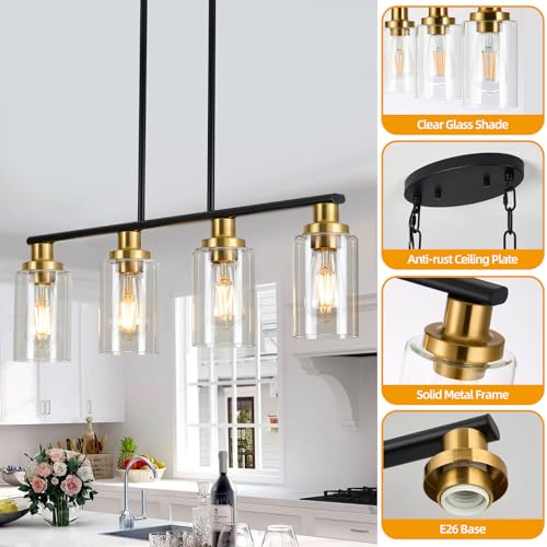 Kitchen Island Lighting, 4-Light Dining Room Light Fixtures Over Table, Gold Linear Chandelier for Dining Room Hanging,Pendant Lights Kitchen Island,with Clear Glass Shade,Height Adjustable