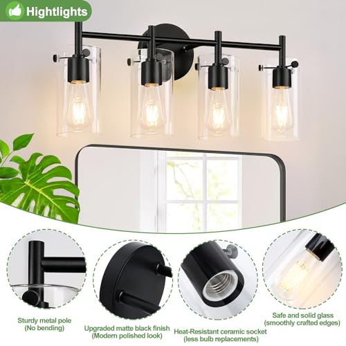 Bathroom Light Fixtures 2023 Upgrade, 3-Light Matte Black Bathroom Vanity Light, Black Bathroom Lights Over Mirror with Clear Glass Shade, Bathroom Wall Sconces for Mirror Bedroom Living Room Hallway