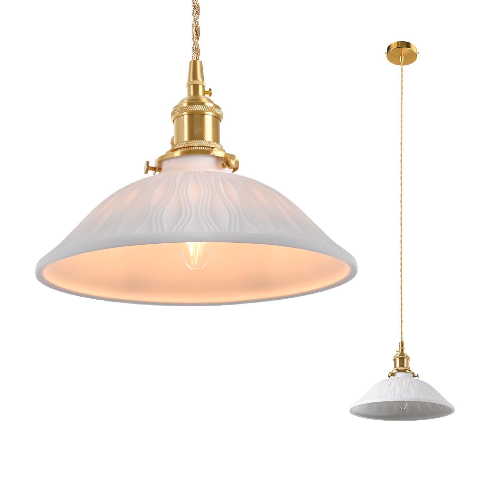 Pendant Light with White Pleated Ceramic Lmapshade, Brass Vintage Pendant Light Adjustable Hanging Light for Kitchen Island Dining Room Hallway 7.87 Inch Diam