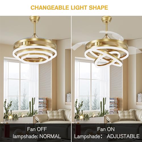 42 Inch Retractable Ceiling Fan, Chandelier Ceiling Fans with Lights, Silent DC Motor, 6 Speeds, 3 Color Changing for Bedroom Living Room (Gold)