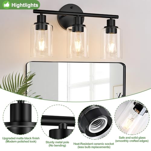 3-Light Bathroom Light Fixtures, Black Modern Vanity Lights with Clear Glass Shade, Bathroom Wall Lamp for Mirror Kitchen Living Room Hallway Cabinet Porch