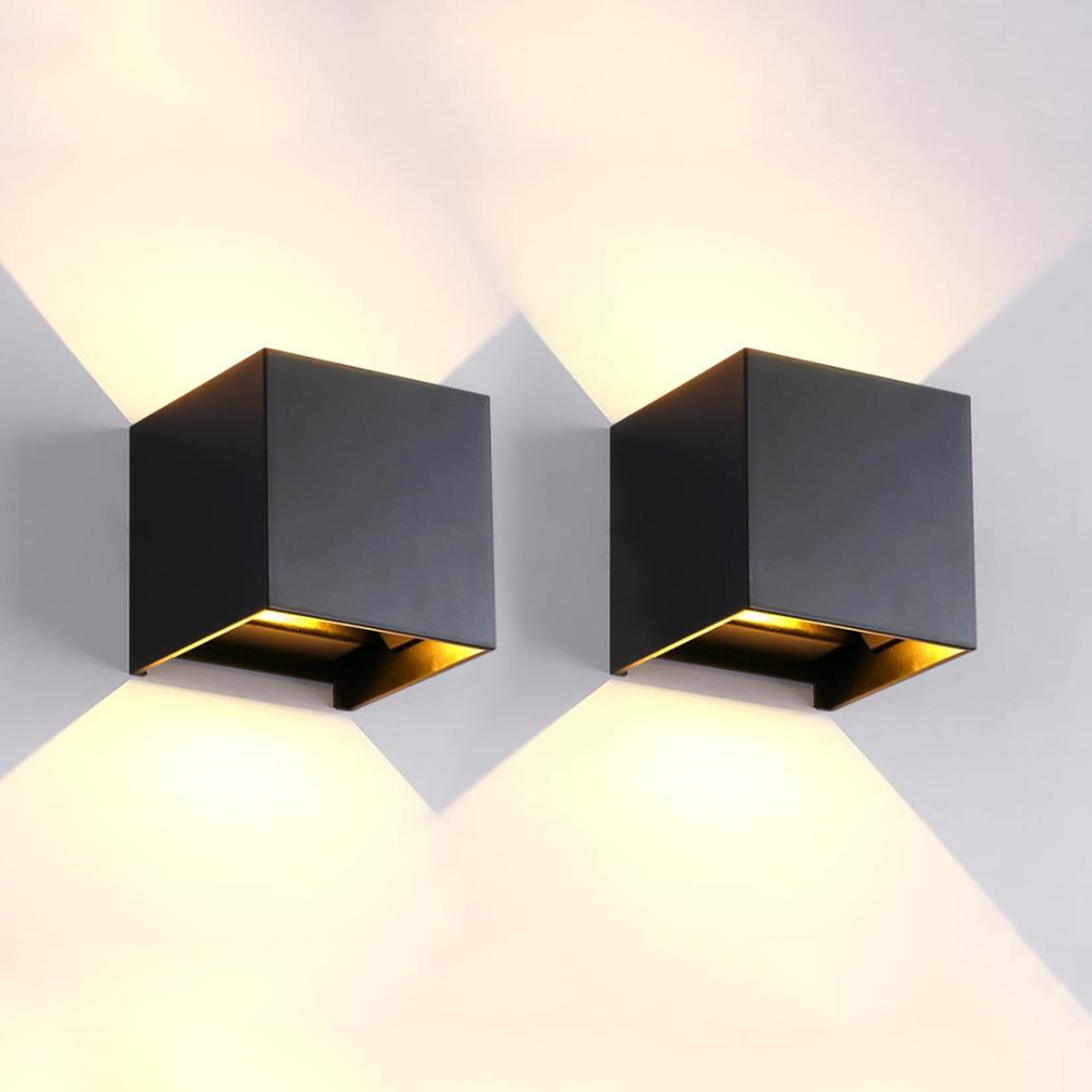 2 Pack LED Outdoor Wall Lights Exterior/Interior, Up and Down Lights IP65 Waterproof Wall Sconces, Square Aluminum Outdoor Wall Lighting Fixtures, Modern Black 12W 3000K Warm Lights