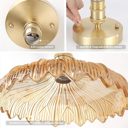 Semi Flush Mount Ceiling Light, Gold Hallway Vintage Lights Fixture Ceiling with Amber Peony Glass, Bulb Included, 4.72" Base Modern Ceiling Light Fixtures for Kitchen Bedroom