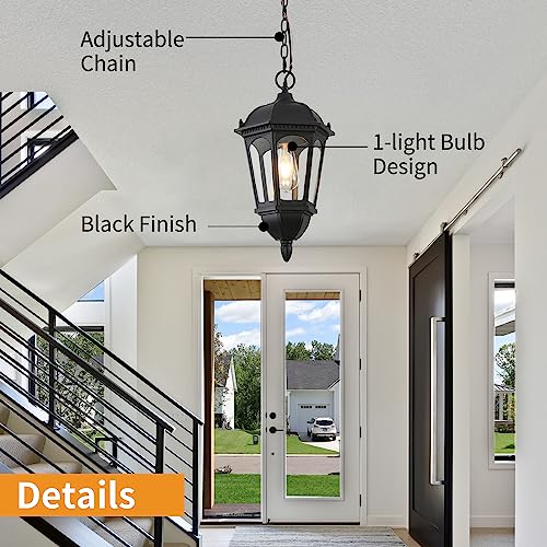 Large Outdoor Pendant Porch Light, 17.5''H Outdoor Hanging Lights, Waterproof Outside Chandelier Light, Black Exterior Hanging Front Lights with Clear Glass for Porch, Patio, Entryway